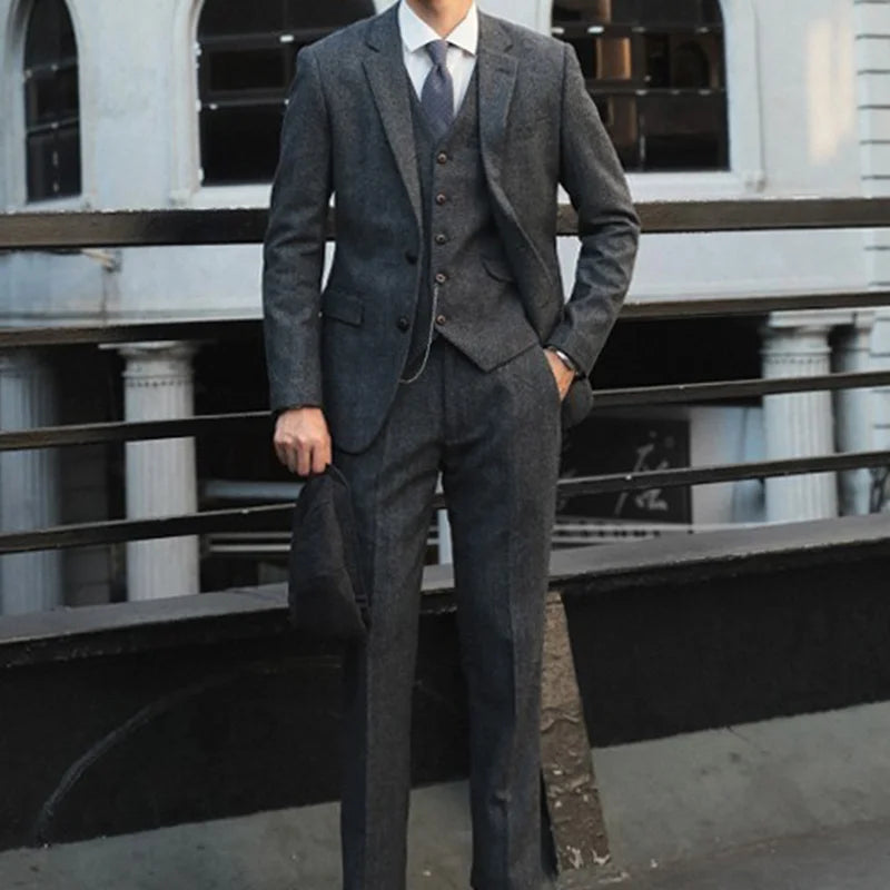 Retro British Yuppie Gentleman's Peaky Blinders Style Wool Tweed Herringbone Slim-Fit Suit Three-Piece Suit