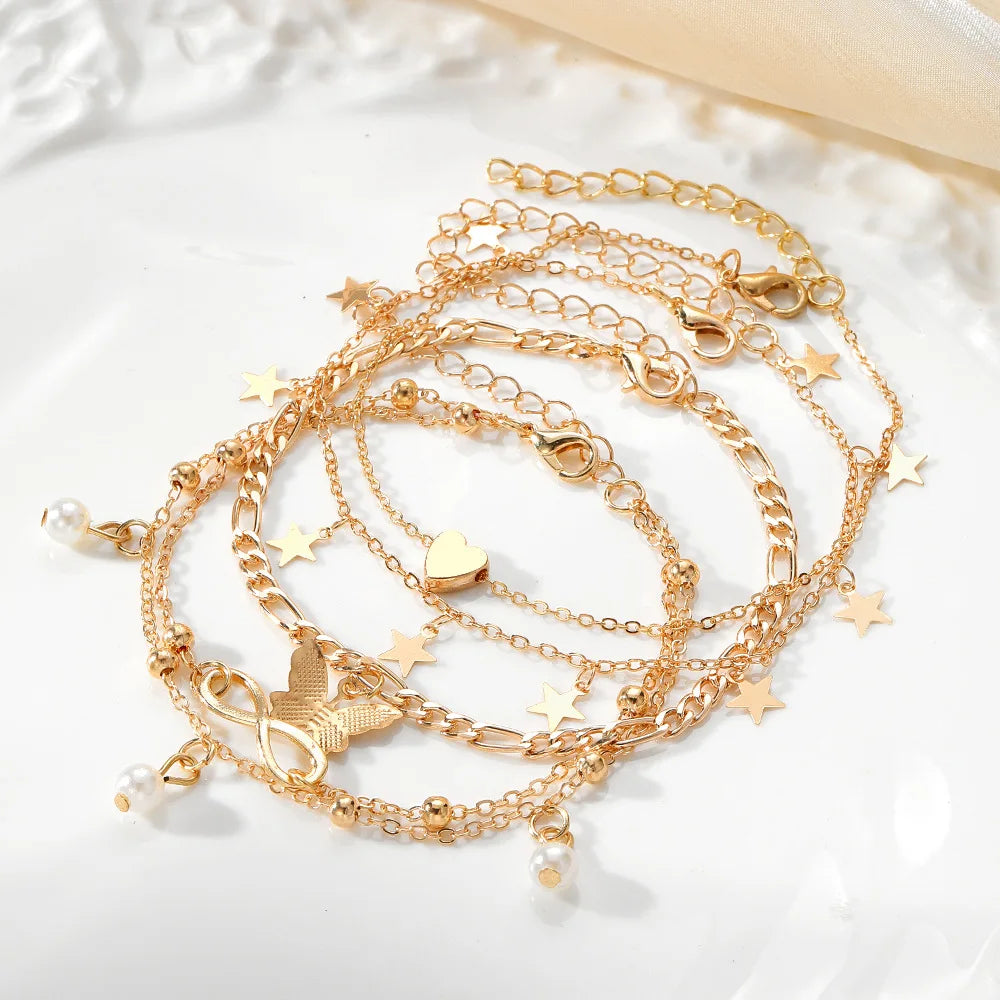 5pcs Boho Summer Beach 8 Infinite Charm Anklet Set Women Chain on Leg Pearl Butterfly Star Heart Pendant Anklet Vintage Jewelry