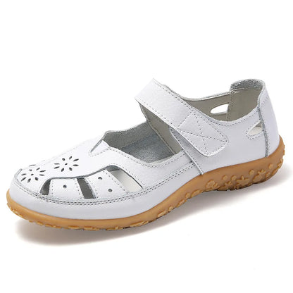 WOIZGIC Female Ladeis Mother Women's Genuine Leather Loater Flats Sandals Shoes Summer Cool Soft Outside Beach