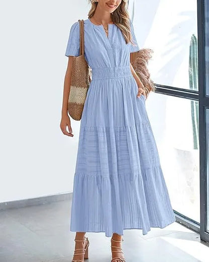 Summer Solid Color V-neck Tight Waist Dress French Style Elegant Pleated Large Swing Long Dress Casual Vacation Style Slimming M
