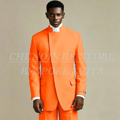 Elegant Black Men's Suits 2 Piece Jacket Pants Outfits Formal Single Breasted Stand Lapel Skinny Clothing Costume Homme
