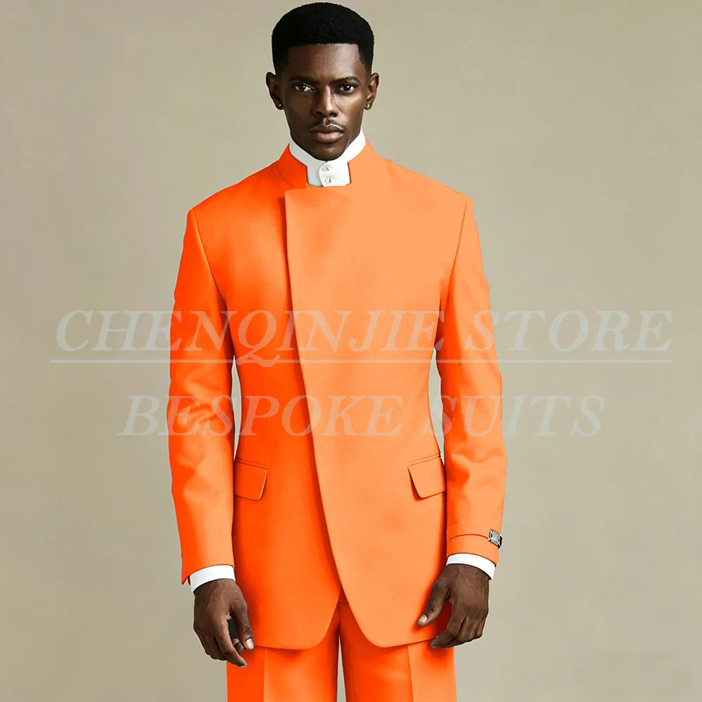 Elegant Black Men's Suits 2 Piece Jacket Pants Outfits Formal Single Breasted Stand Lapel Skinny Clothing Costume Homme