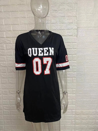 2025 New Fashion V-Neck Queen Letters Print Dress Short Sleeve Basketball Sporty Style Sexy Loose Female Clothing Streetwear
