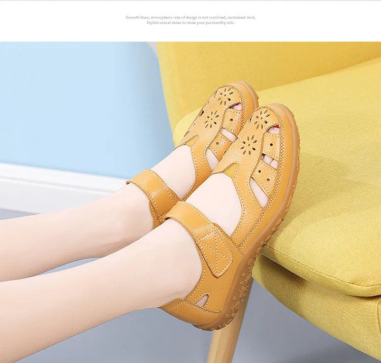 WOIZGIC Female Ladeis Mother Women's Genuine Leather Loater Flats Sandals Shoes Summer Cool Soft Outside Beach