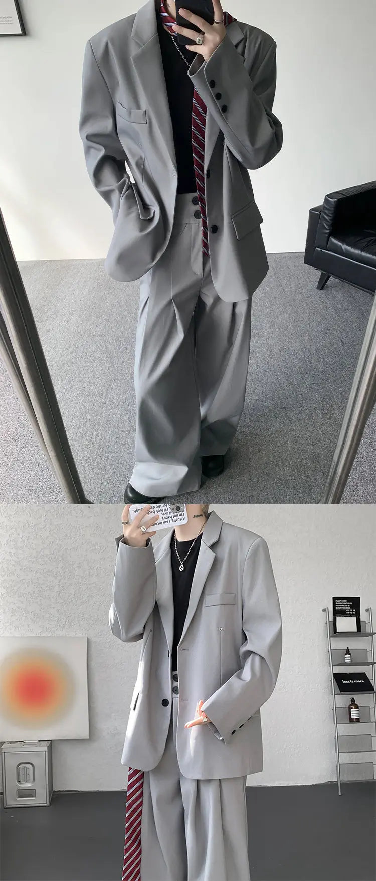 Casual suit set Men Loose fitting 2 piece suit Shoulder pads Trend Streetwear Korean 2025 NEW suit jacker+suit pants