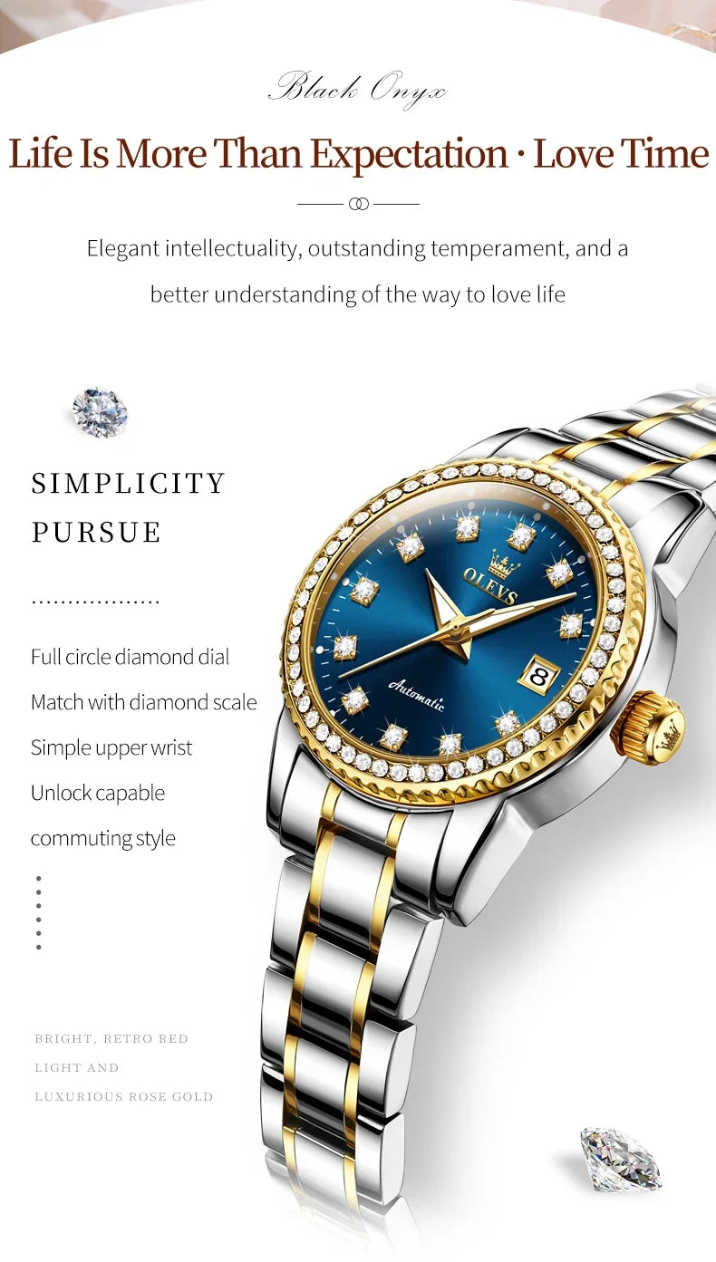 OLEVS 7003 Women Automatic Watch Waterproof Luminous Calendar Mechanical Ladies Wristwatch Steel Strap Luxury Watch Women