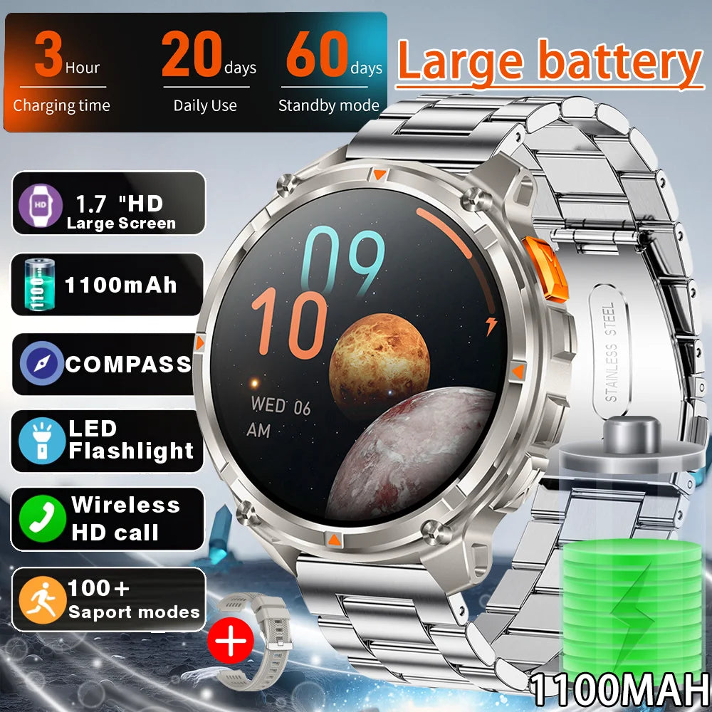 2026 T-Rex3 Ultra 1100mAh Battery 170+Sport Fitness LED Flashlight IP68 Waterproof Bluetooth call GPS track Smartwatch Compass
