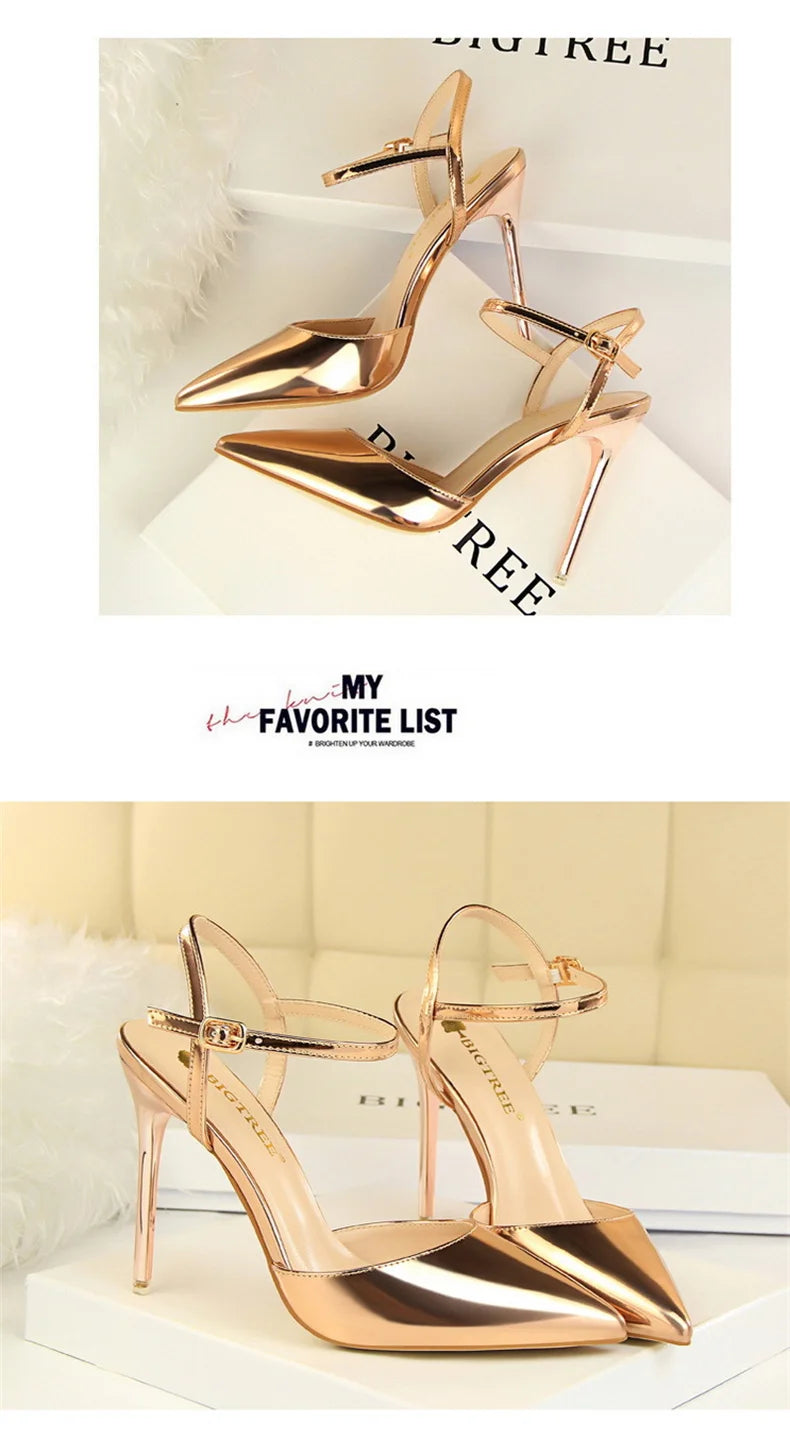 Women High Heels Sandals Metallic Gray Patent Leather Stripper Ankle Strap Wedding Nightclub Pointed Toe Party Valentine 86-1
