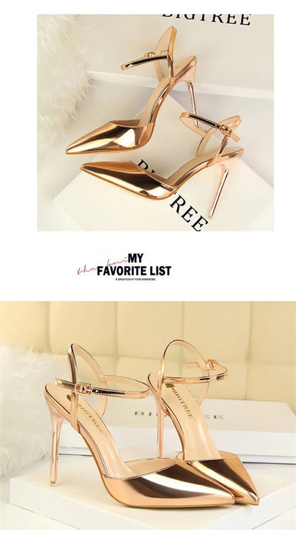 Women High Heels Sandals Metallic Gray Patent Leather Stripper Ankle Strap Wedding Nightclub Pointed Toe Party Valentine 86-1