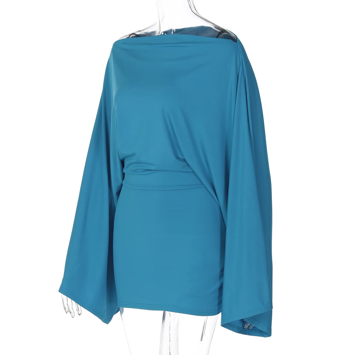 Hugcitar Solid Long Cloak Sleeve Sexy Loose Sexy Ruched Sexy Bodycon Mini Dress Fall Winter Women Fashion Outfit Party Festival