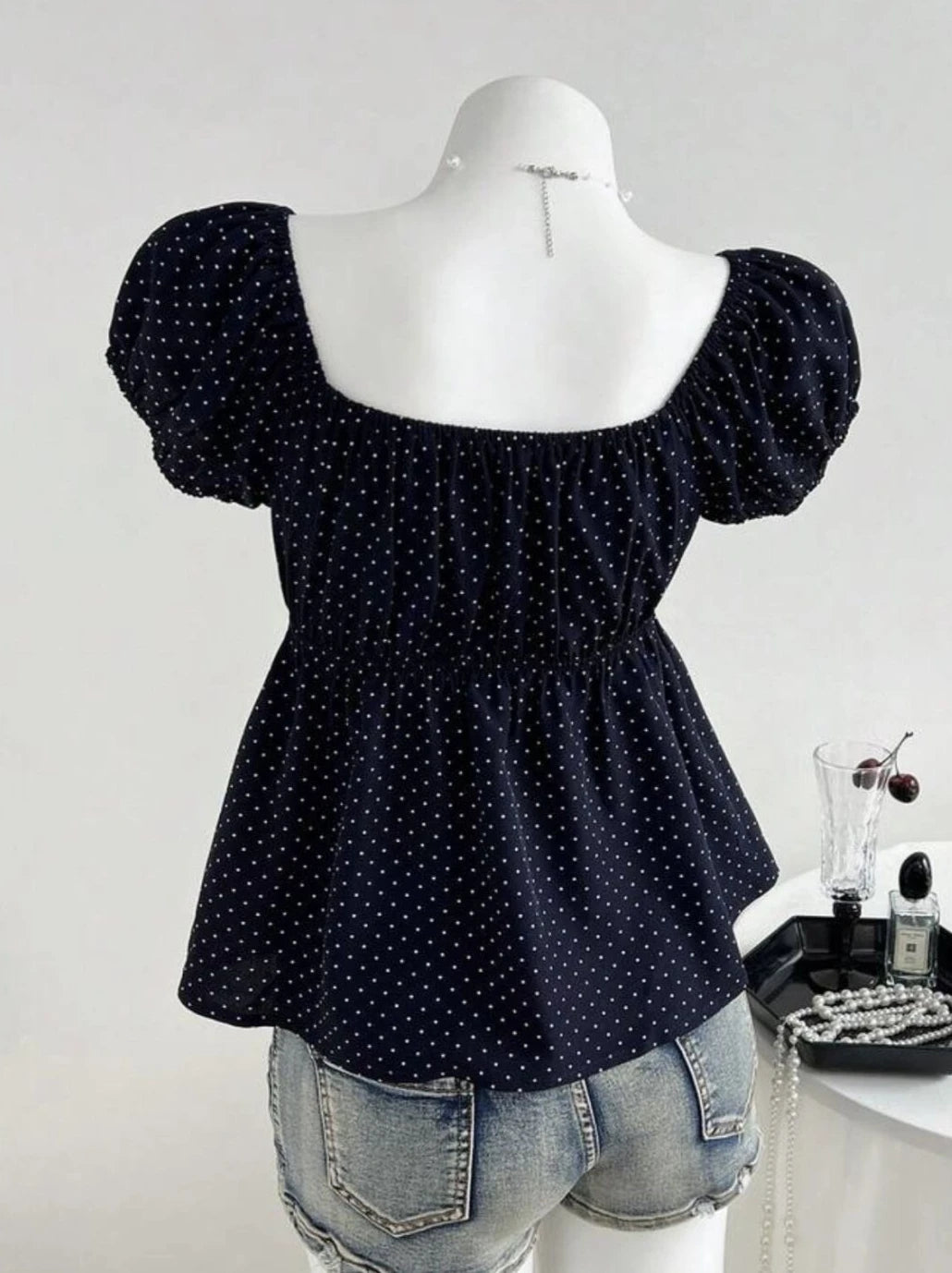 Polka Dot Babydoll Top Women Summer Sweet Korean Puff Short Sleeve Chiffon Blouse Square Neck Summer Vintage Youthful T-shirt