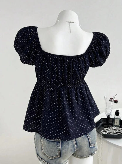 Polka Dot Babydoll Top Women Summer Sweet Korean Puff Short Sleeve Chiffon Blouse Square Neck Summer Vintage Youthful T-shirt