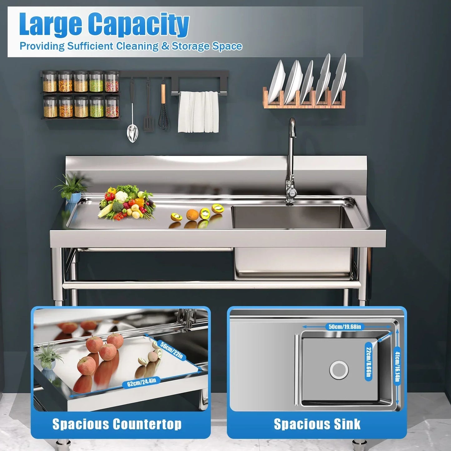 120x60cm Kitchen Sink with Left Platform Commercial Stainless Steel Sink with Faucet  Easy to Clean and Maintain