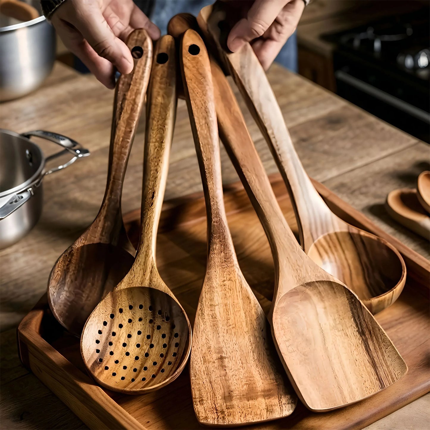 5PCS Wooden Kitchen Utensils Kit Ergonomic Handles Natural Wooden Spoons Spurtle Ladle and Wok Spatulas Cookware Accessories