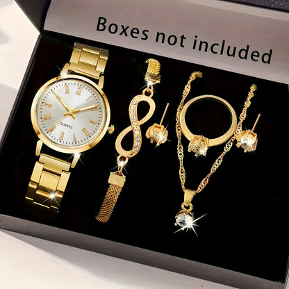 6pcs/set Elegant Women Quartz Watch Fashion Simple Dial Ladies Wristwatch Rhinestone Jewelry Set Relogio Feminino（Without Box）