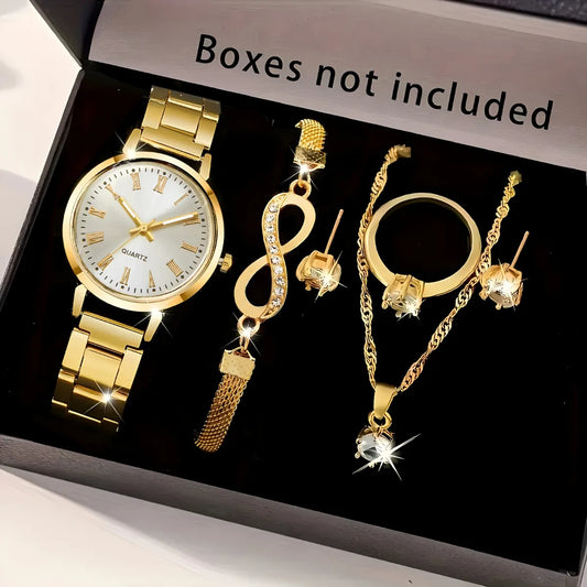 6pcs/set Elegant Women Quartz Watch Fashion Simple Dial Ladies Wristwatch Rhinestone Jewelry Set Relogio Feminino（Without Box）