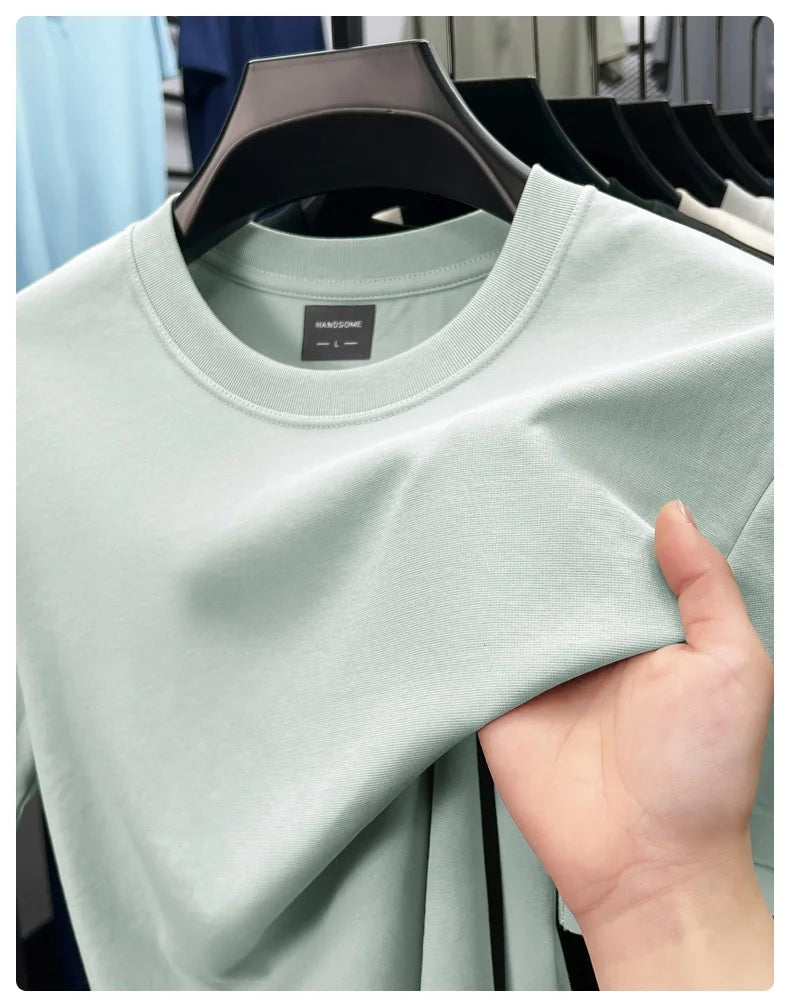 High quality luxury short sleeve T-shirt summer breathable cool silk cotton fashion solid color round neck top casual men's wear