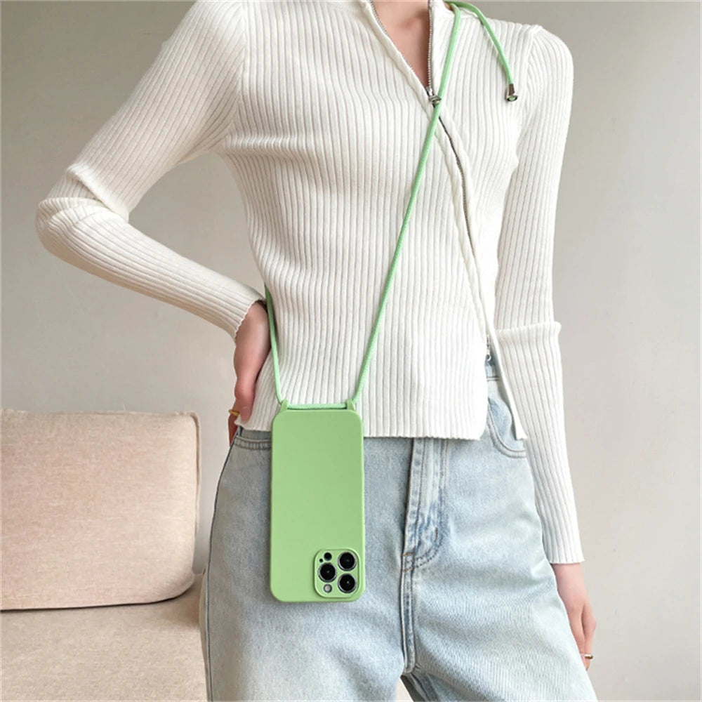 Crossbody Necklace Lanyard Cord Strap Liquid Silicone Case For iPhone 17 16 15 13 11 12 14 Pro Max XS XR X Plus Soft Candy Cover