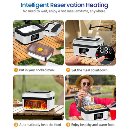 8000mAh Rechargeable Timer Automatic Heating Lunch Box, 1L Portable Food Warmer with Fork and Spoon and Insulated Carrying Bag
