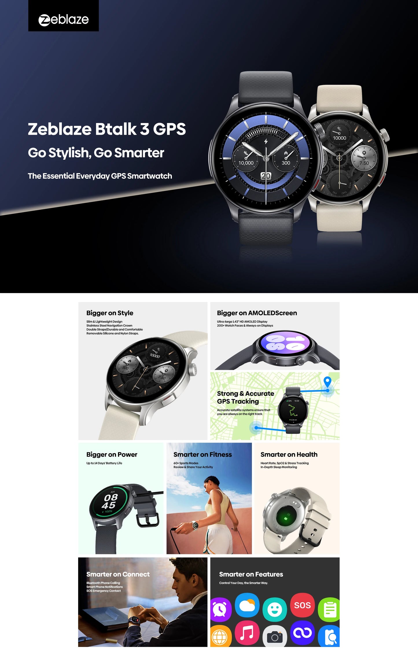 New Zeblaze Btalk 3 GPS Smartwatch 1.43" AMOLED Screen Dual Strap Make/Answer Phone Calls Heart Rate SpO2 Stress Tracking Watch