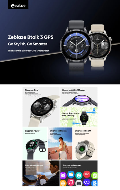 New Zeblaze Btalk 3 GPS Smartwatch 1.43" AMOLED Screen Dual Strap Make/Answer Phone Calls Heart Rate SpO2 Stress Tracking Watch