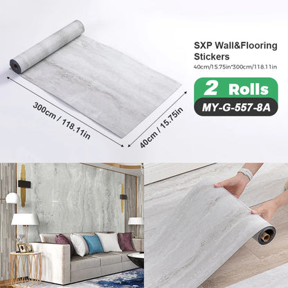 2 Rolls Self-Adhesive Wall and Floor Sticker Peel and Stick 15.75x118.11inch Wood Grain and Marble Design Wallpaper Sticker