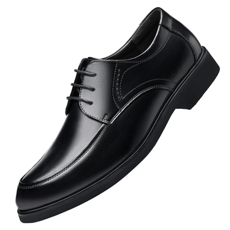 Mens Black Genuine Leather Lace Up Chunky Platform Oxfords Formal Business Office Groom Wedding Daily Wear Shoes Fashion Simple