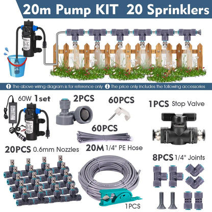 1/4″ 4/6mm 60W Self-priming Pump Misting Cooling System 0.6mm Atomizer Sprayer Slip Lock Nozzle Joint Outdoor Garden Irrigation