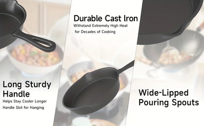 3PCS Cast Iron Skillet Set (6/8/10 Inch)  Pre-Seasoned, Heavy-Duty Pans for Oven, Grill & Campfire, Even Heat, Non-Stick Surface