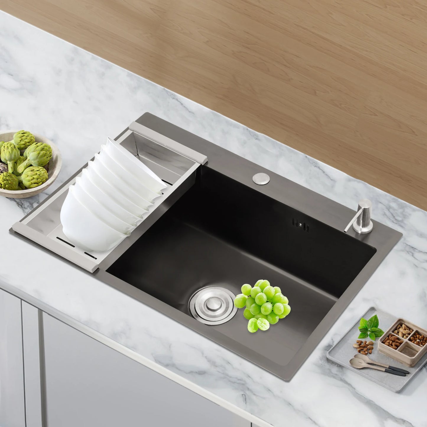 68×45cm Sink with V-shaped Drainer and Drain Basket and Soap Dispenser Anti-overflow Kitchen Sink Stainless Steel Sink