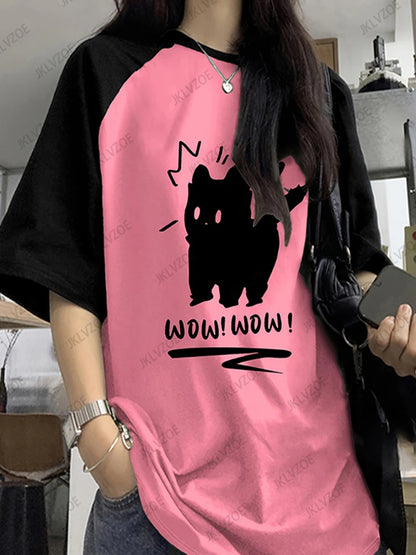 Funny Cat Printed Summer T-Shirt For Women Patchwork Short Sleeve Harajuku Tees Sports Football Jersey Y2K Loose Oversized Tops