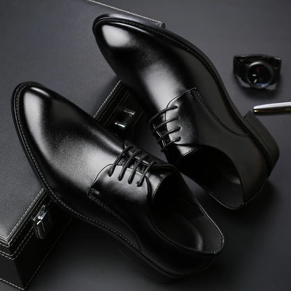 Mens Breathable Leather Dress Shoes Formal Business Footwear Pointed Toe Lace Up Flat Sole Groom Wedding Shoes Simple Leisure