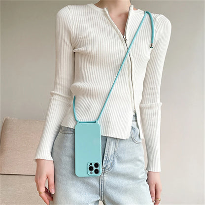 Crossbody Necklace Lanyard Cord Strap Liquid Silicone Case For iPhone 17 16 15 13 11 12 14 Pro Max XS XR X Plus Soft Candy Cover
