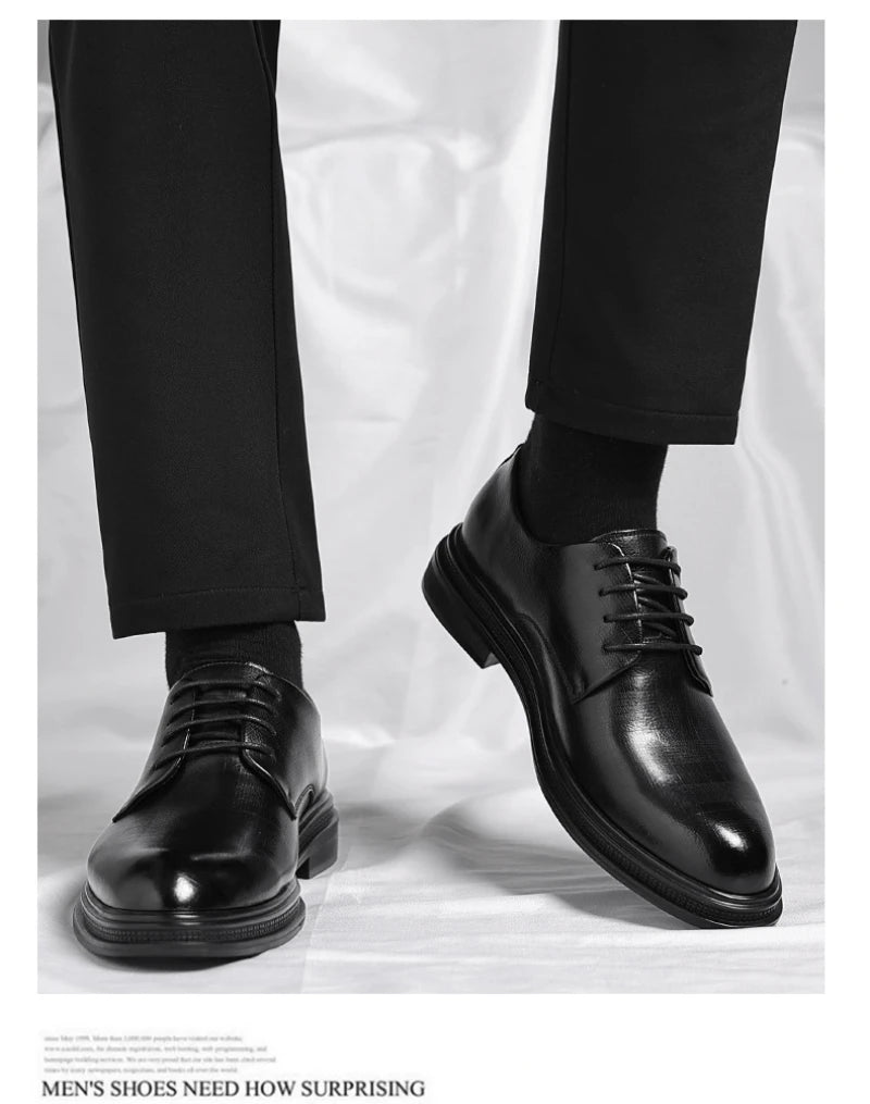 Mens Black Vintage Genuine Leather Lace Up Formal Business Office Groom Wedding Daily Wear Dress Shoes Simple British Style