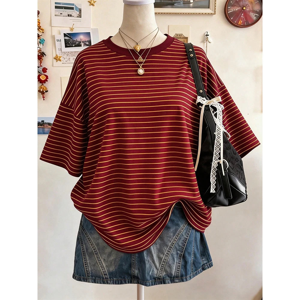 New Y2K Striped Digital Print Casual Oversized Mid-Length Round Neck Drop Shoulder Women Tshirt Street Fashion Casual Sports Top