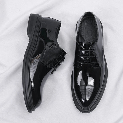 Mens Black Patent Leather Lace Up Dress Shoes With Thick Sole Platform Block Heel Formal Business Wedding Party Office Work Shoe