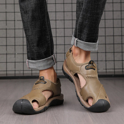 2025 Large-Size Leather Men's Shoes Summer Sandals Casual Outdoor Head Beach Shoes Comfortable Breathable Hollow Velcro Patch