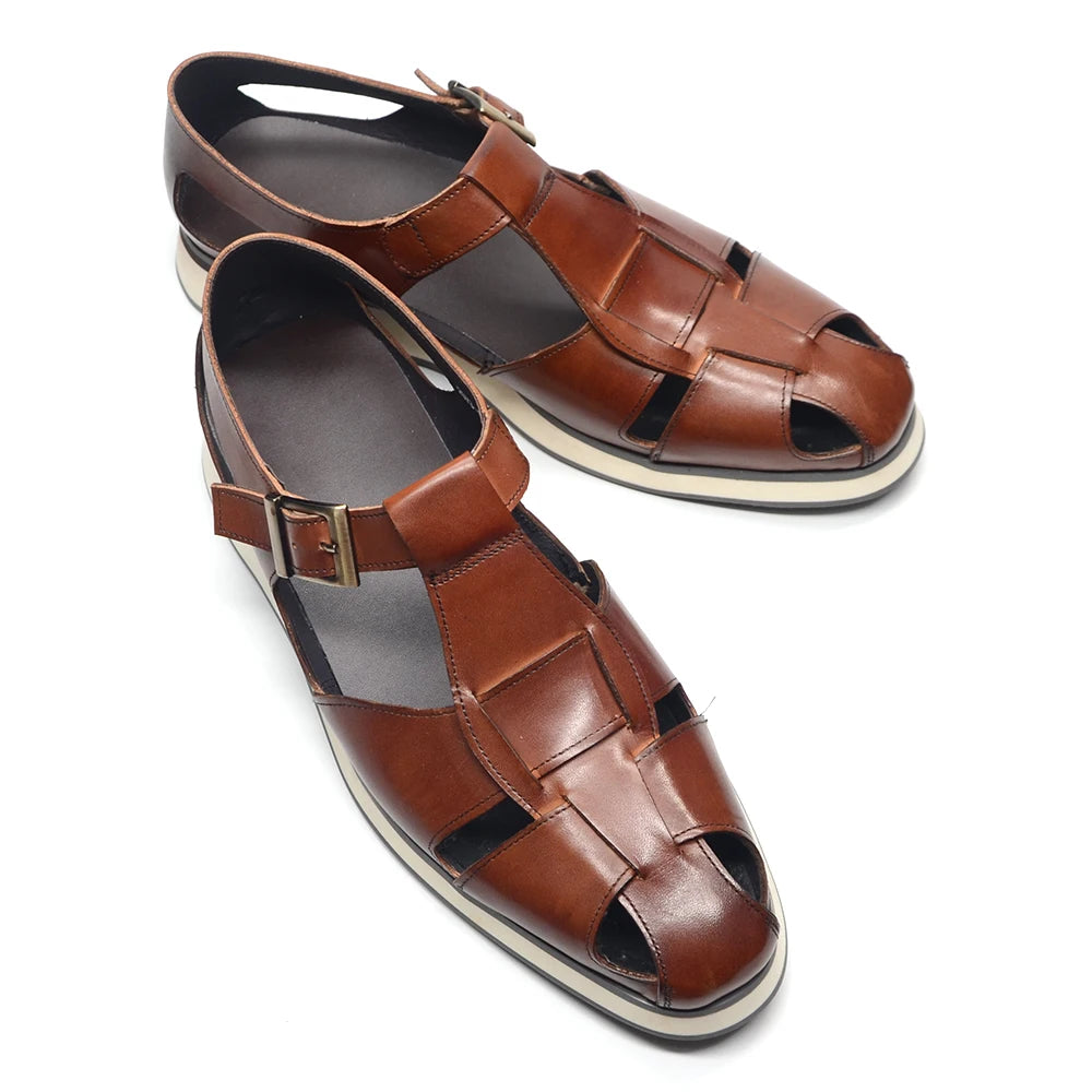 XEBOS Men's Sandals Genuine Leather Cowhide Summer Outdoor Flat Shoes Casual Sneakers Buckle Strap Black Brown Male Footwear