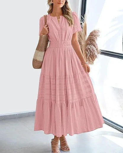 Summer Solid Color V-neck Tight Waist Dress French Style Elegant Pleated Large Swing Long Dress Casual Vacation Style Slimming M