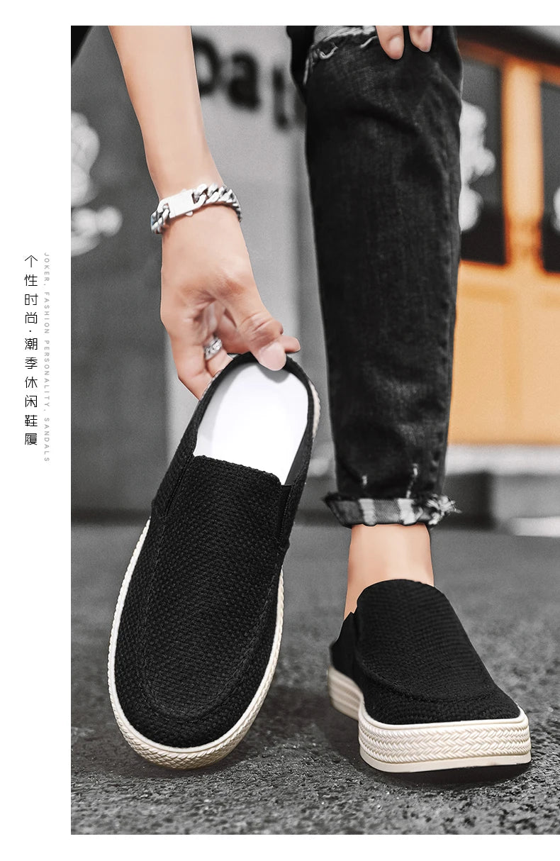 Men's canvas slippers summer new breathable outdoor soft-sole casual slippers party sandals Joker tide half slippers cloth shoes