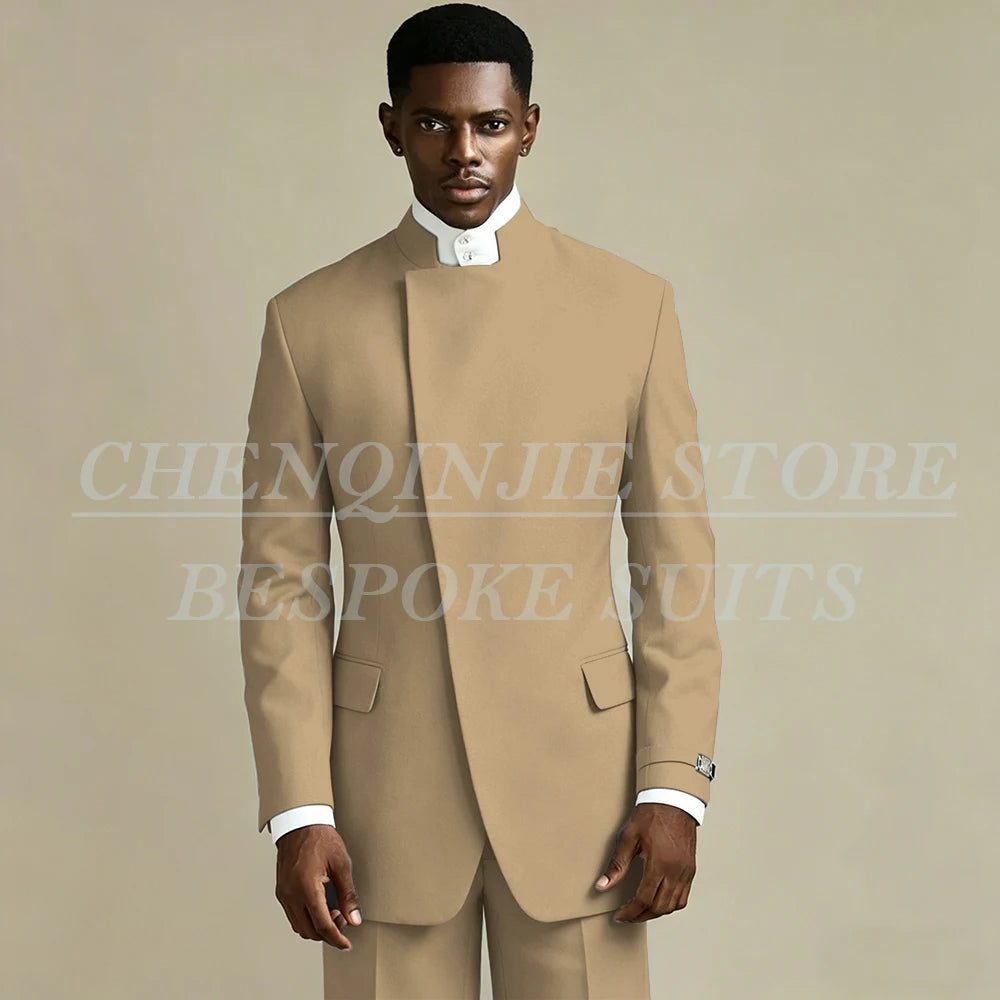 Elegant Black Men's Suits 2 Piece Jacket Pants Outfits Formal Single Breasted Stand Lapel Skinny Clothing Costume Homme