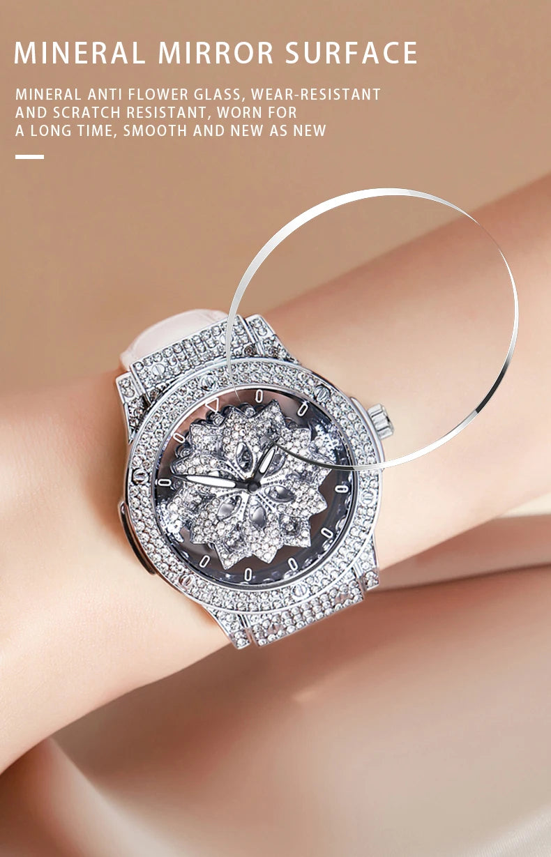 Popular women's watch with fashionable large dial, pentagram waterproof watch for girls, snowflake rotating hollow women's watch