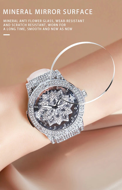 Popular women's watch with fashionable large dial, pentagram waterproof watch for girls, snowflake rotating hollow women's watch