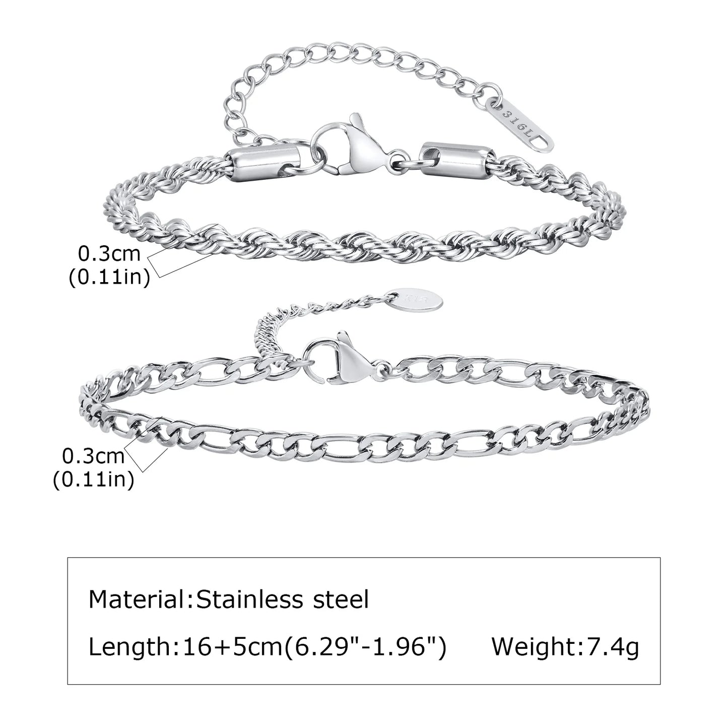 2pcs Men's Chain Bracelets,Silver Color Stainless Steel Rope Twisted Adjustable Chain Wristband,Simple Jewelry Gift for Dad Him