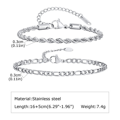 2pcs Men's Chain Bracelets,Silver Color Stainless Steel Rope Twisted Adjustable Chain Wristband,Simple Jewelry Gift for Dad Him