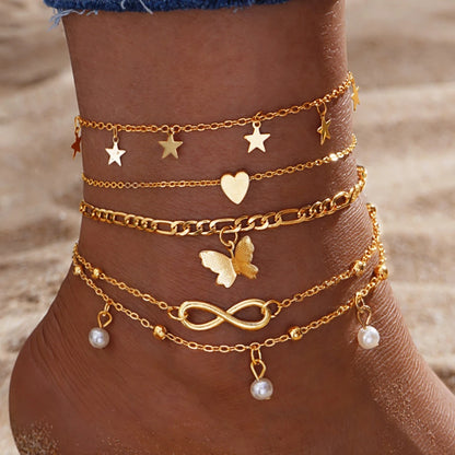 5pcs Boho Summer Beach 8 Infinite Charm Anklet Set Women Chain on Leg Pearl Butterfly Star Heart Pendant Anklet Vintage Jewelry
