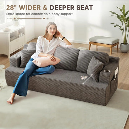 87in Corduroy Deep Seat Sofa with 2 Pillows Cup Holder Storage Pocket Living Room Grey Custom
