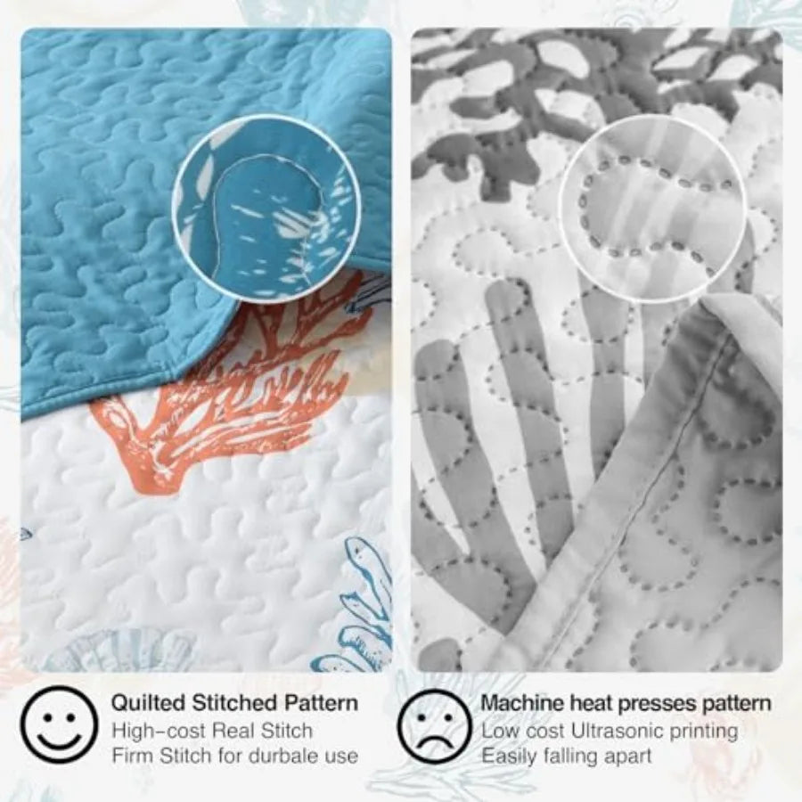 Coastal Quilt Bedding Set Size Reversible Summer Beach Quilt Lightweight Ocean Nautical Comforter Tropical Bedspread Coverlet w