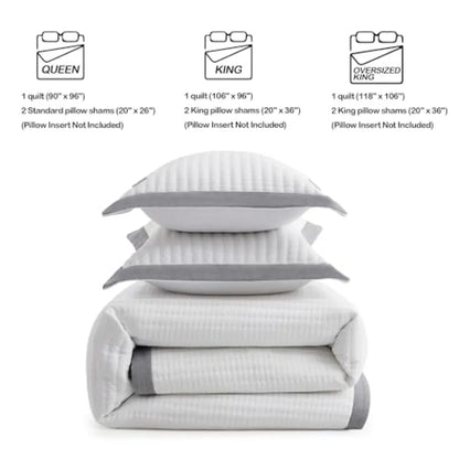 White Quilt Set Size - Farmhouse Soft Striped Stitch Bedding Bedspread Coverlet Summer Lightweight Quilt Bed Sets with 2 Pillow