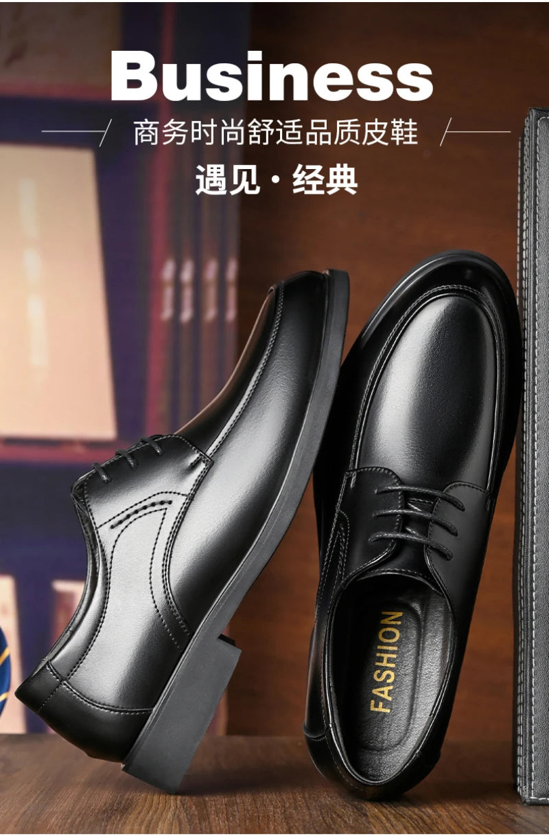 Mens Black Genuine Leather Lace Up Chunky Platform Oxfords Formal Business Office Groom Wedding Daily Wear Shoes Fashion Simple